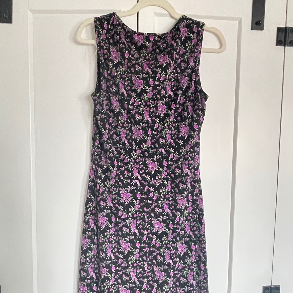 Connected Apparel Size 12 Blue Floral Midi Dress Deep V Ruffle Slit Feminine - Picture 15 of 15